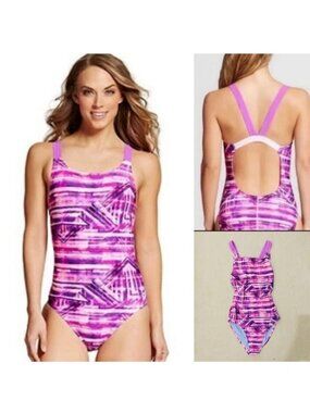 Champion Pink & Purple Striped One-Piece Swimsuit Size L (12-14)